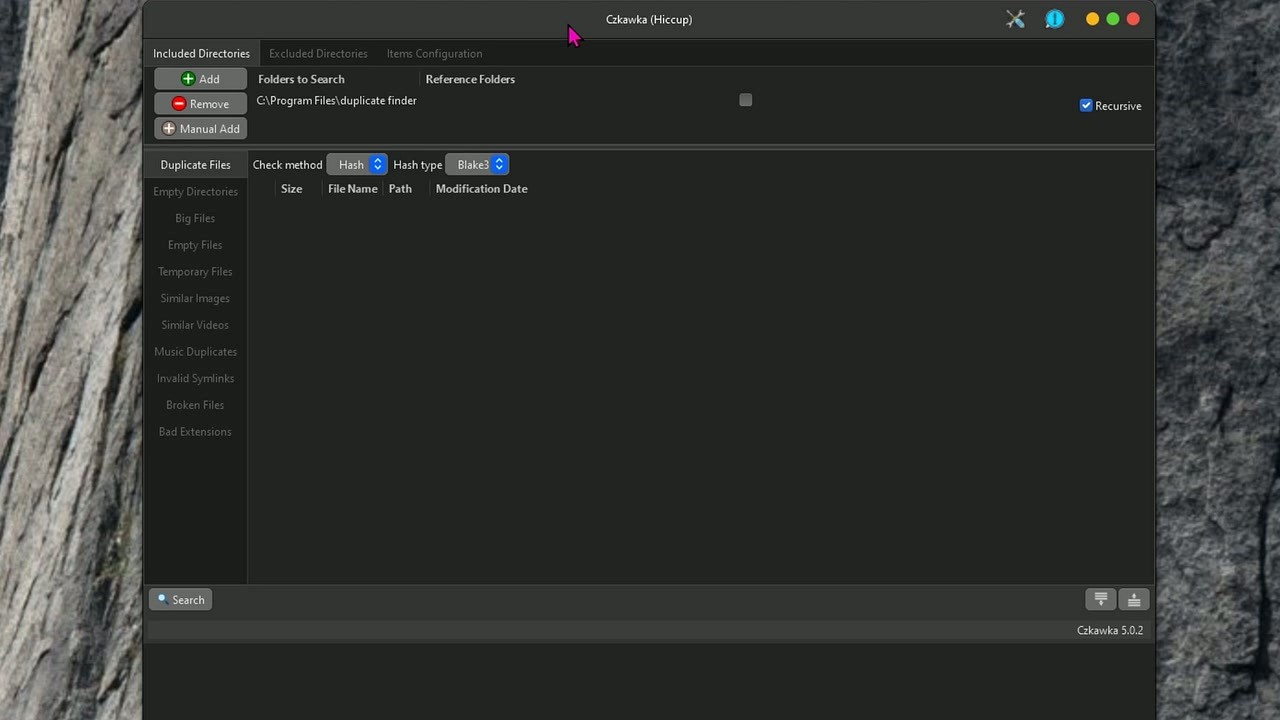Czkawka GUI main interface with tabs and directory panel