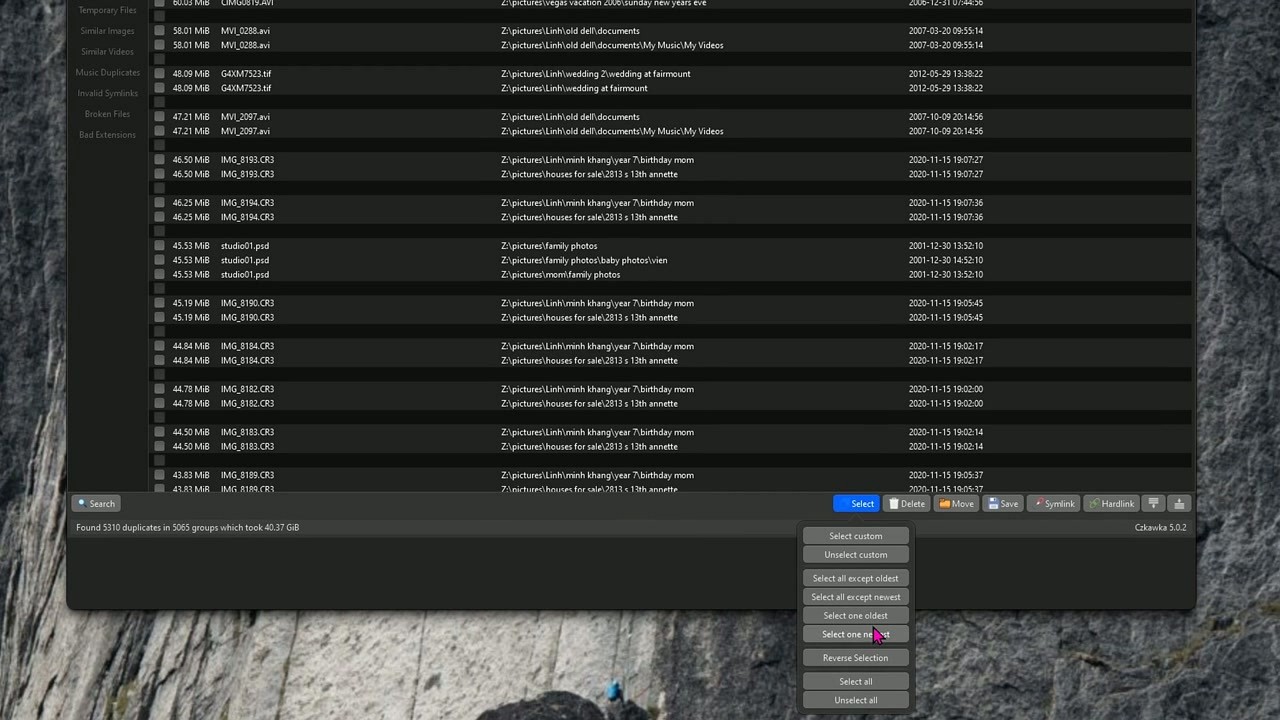 Czkawka selection options dropdown menu
